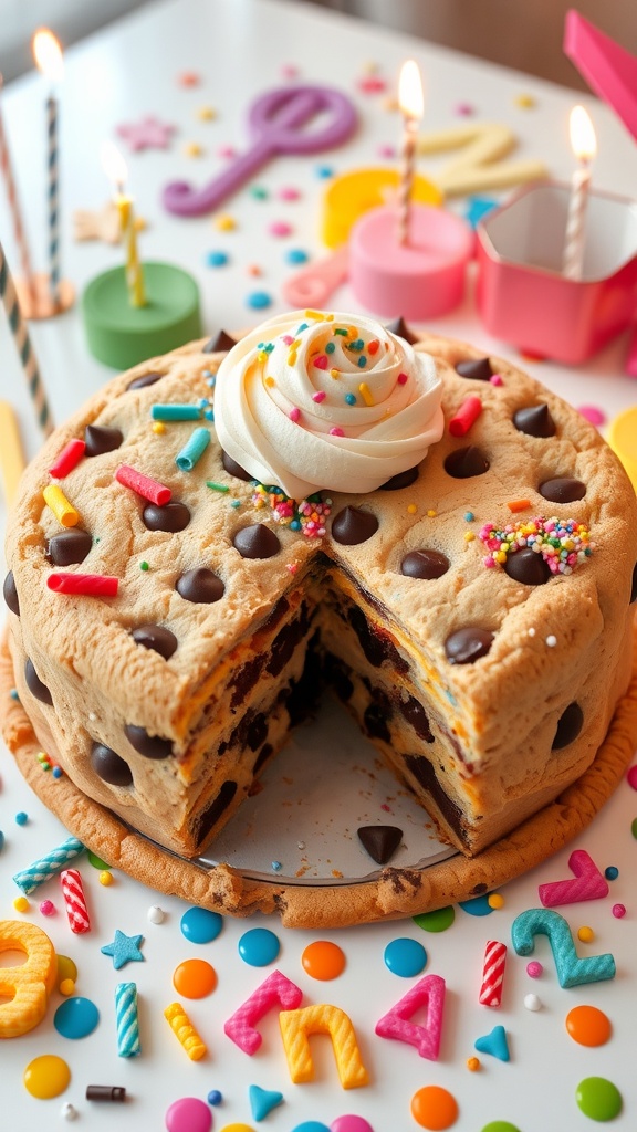 A festive cookie cake with chocolate chips, decorated with frosting and sprinkles, ready for a birthday celebration.